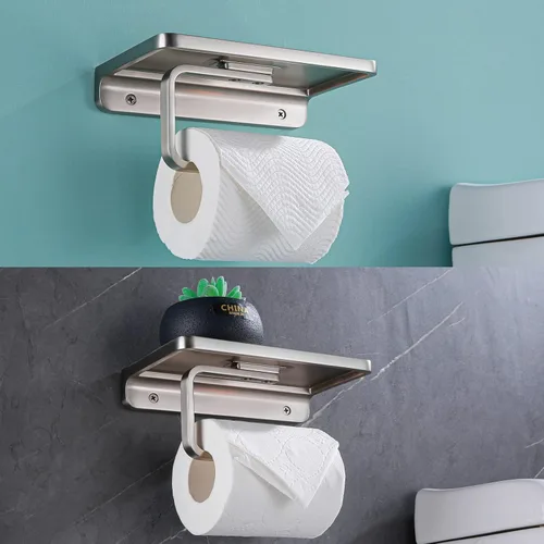 Miniatura 8 de RANDOM Soporte de papel higiénico con estante Dispensadores de papel higiénico de níquel cepillado Soporte de papel higiénico de metal sólido