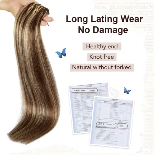Miniatura 3 de XDhair Extensiones de cabello humano Remy con pinzas, color marrón medio #4, mezclado con rubio caramelo #27, 3.53 oz, 6