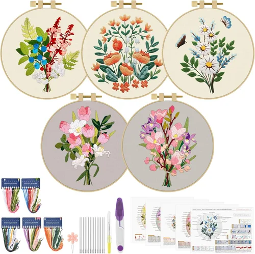 Miniatura 11 de ERKOON 5 Kits de Bordado para Principiantes, Juego de Costura Manual de Manualidades Kit de Inicio de Punto de Cruz de Hongos, Kits de Bordado DIY