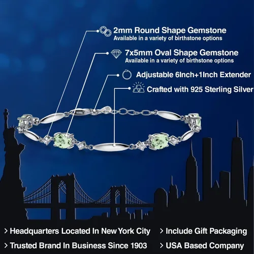 Miniatura 15 de Gem Stone King 925 Sterling Silver Gemstone Birthstone and White Created Sapphire Tennis Bracelet For Women Oval 7X5MM and 2MM 6 Inch + 1 Inch