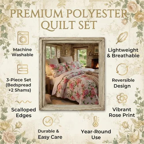 Miniatura 2 de DaDa Bedding Juego de colcha floral de rosas románticas, encantador color rosa y blanco festoneado, colorido, ligero, transpirable, colcha acolchada