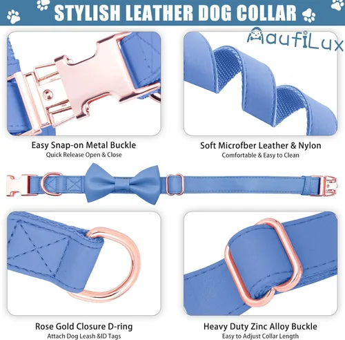 Miniatura 4 de Collar de cuero suave para perro, ajustable, lindo collar de pajarita [fácil de limpiar] con elegante hebilla de metal resistente de oro rosa