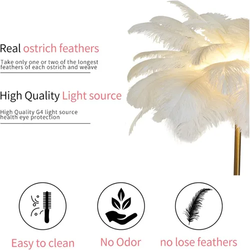 Miniatura 2 de Lámpara de pie moderna, pantalla de avestruz natural, lámpara de pie con luz blanca, cuerpo de lámpara dorado con cable enchufable, lámpara de pie