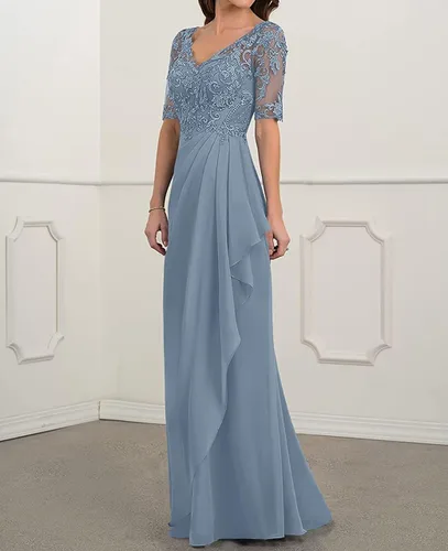 Miniatura 3 de Women's V-Neck Chiffon Mother of The Bride Dresses Lace Long Ruffle Prom Dress with Half Sleeve Formal Evening Party Gowns
