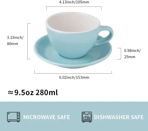 Miniatura 2 de watchget Taza y platillo de porcelana con leche – Taza de cerámica de 9.5 onzas para capuchino, té, latte, café moca, cian