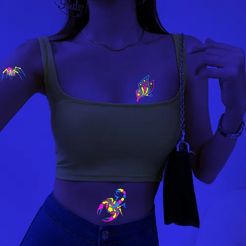 Miniatura 4 de Tatuajes temporales de neón que brillan en los rayos UV, calcomanías de tatuajes de neón 61 estilos de brillantina, dragón, escorpión, araña