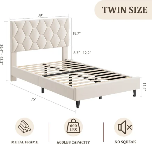 Miniatura 2 de GarveeHome Base de cama Twin XL beige con cabecera tapizada, base de cama de plataforma resistente con cabecera ajustable, soporte fuerte