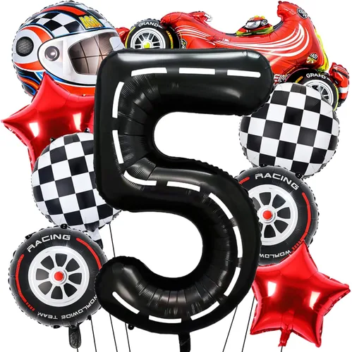 Miniatura 11 de Piokio 9 globos de auto de carreras, globos negros número 1 a cuadros para decoración de fiesta temática de primer cumpleaños de carreras