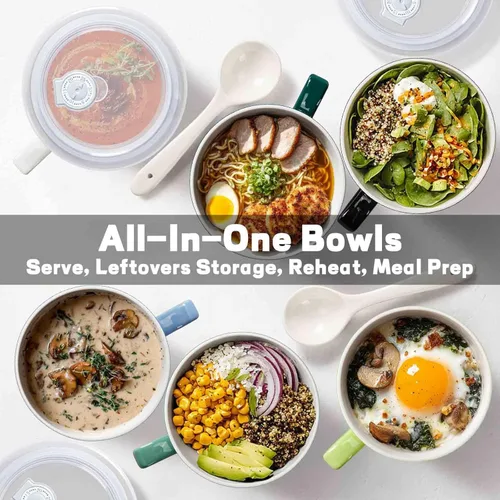 Miniatura 6 de Tazones de sopa con asas y cucharas, cuenco de cerámica para ramen de 30 onzas con tapa, tazas grandes para fideos instantáneos, cuencos grandes