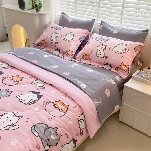 Miniatura 8 de Juego de edredón de 7 piezas con diseño de gatos para niñas, tamaño completo, ropa de cama en una bolsa, diseño rosa de dibujos animados de gatos