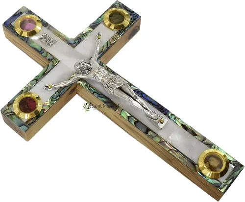 Miniatura 6 de Crucifijo de pared de cruz de madera de olivo cubierto con nácar con 4 reliquias sagradas, cruz de perla, crucifijo colgante de pared hecho