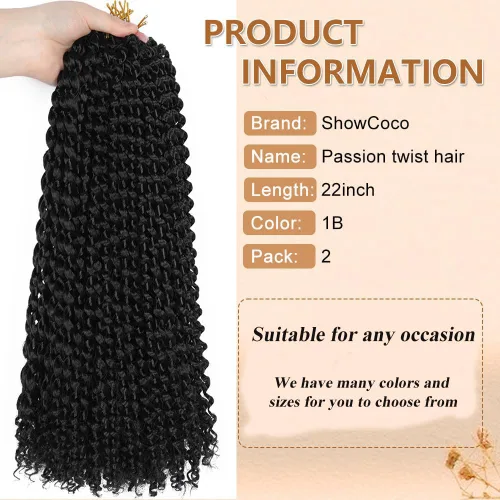 Miniatura 2 de Extensiones de cabello Passion Twist de 22 pulgadas con onda de agua y trenzado de 2 paquetes, cabello sintético largo estilo bohemio, extensiones
