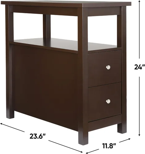 Miniatura 3 de ZENY Juego de 2 mesas auxiliares, mesa auxiliar estrecha con estante de almacenamiento y cajones, mesa auxiliar pequeña para dormitorio, sala