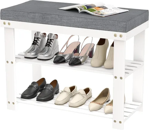 Miniatura 8 de Banco de zapatos de bambú con cojín gris, organizador de zapatos de 3 niveles para entrada, pasillo, dormitorio o sala de estar, asiento tapizado
