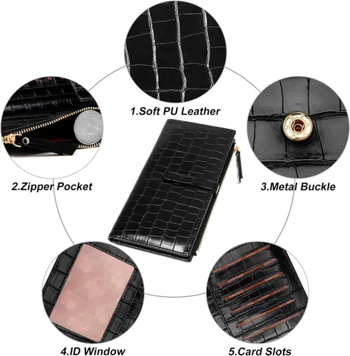 Miniatura 5 de YOUBDM Billeteras delgadas para mujer, tarjetero RFID plegable con bolsillo con cremallera, Negro 1