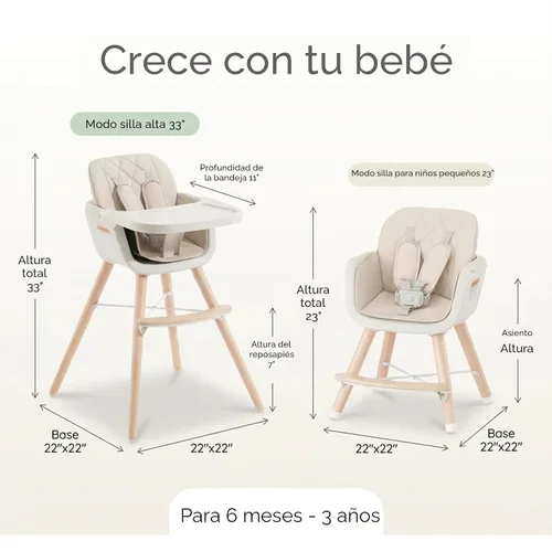 Miniatura 4 de Mallify Silla alta de madera 3 en 1, sillas altas convertibles para bebés y niños pequeños, silla alta para bebé con patas ajustables y bandeja apta