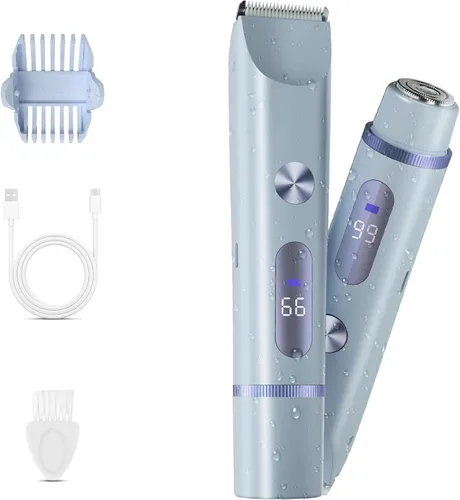 Recortadora de bikini para mujer, afeitadora eléctrica 2 en 1 para mujer, afeitadora eléctrica recargable, para uso húmedo y seco, color azul
