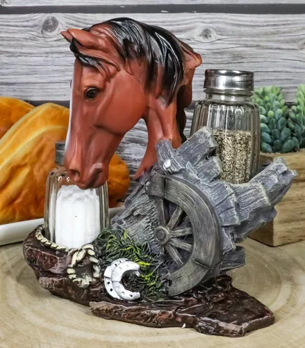 Miniatura 9 de Ebros Country - Juego de figuras de caballo de semental marrón castaño occidental por Farm Wagon Wheel Lasso Herraduras Salero y Pimentero Estatua