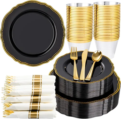 Hioasis - 175 piezas de platos de plástico negro y dorado - Juego de vajilla de plástico dorado incluye 25 platos llanos, 25 platos postre, 25