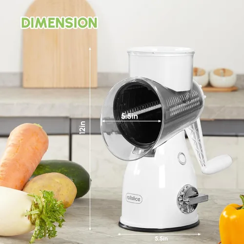 Miniatura 8 de Rallador rotativo de queso con asa, cortador de verduras y triturador de queso con 5 cuchillas de acero inoxidable, base de succión fuerte y caja