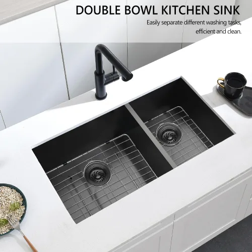 Miniatura 3 de Fregadero de cocina negro de 33 x 17 pulgadas con doble tazón, 33 x 17 x 9 pulgadas, calibre 16, acero inoxidable negro, montaje inferior