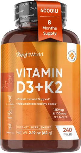 WeightWorld Vitamina D3 4000 IU + K2 125mcg | Vitamina D3 K2 para huesos saludables y apoyo inmunológico (suministro de 8 meses) | 240 tabletas
