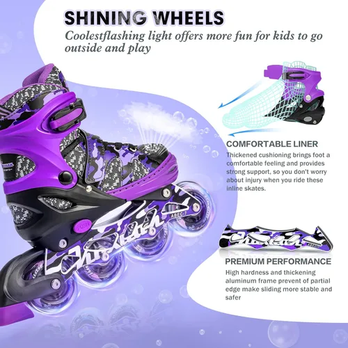 Miniatura 4 de Kuxuan Patines en línea ajustables para niños con ruedas iluminadas, divertidos patines iluminadores para niños, niñas y jóvenes Púrpura