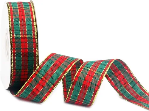 Miniatura 13 de Cinta de Navidad a cuadros 25 yardas cada rollo 100% poliéster con borde tejido gingham para manualidades navideñas, envoltura de regalos