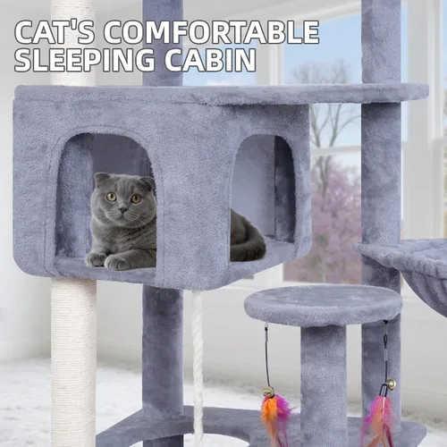 Miniatura 5 de AIWIKIDE Árbol grande para gatos, torre para gatos con condominio de varios niveles, hamacas, juguete giratorio (gris, 63.4 pulgadas)
