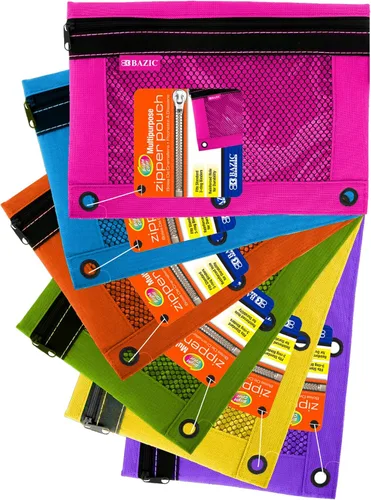 Miniatura 13 de BAZIC Products Estuche para lápices de 3 anillos con agujeros de anillos reforzados con remaches, bolsas de malla de colores surtidos con cremallera
