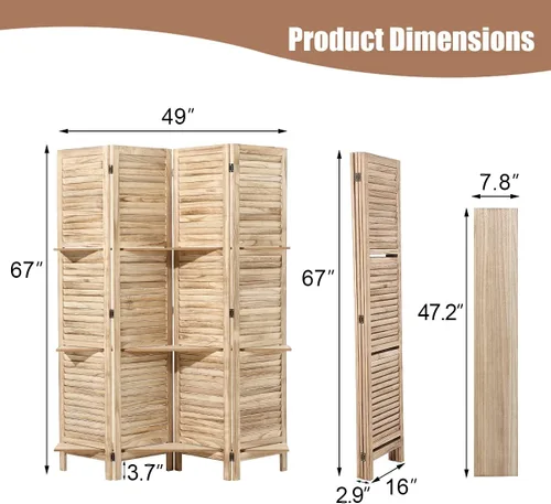 Miniatura 5 de Divisor de habitación de 4 paneles con 3 estantes de almacenamiento extraíbles, pantalla de privacidad plegable de 5.6 pies, divisor de pared