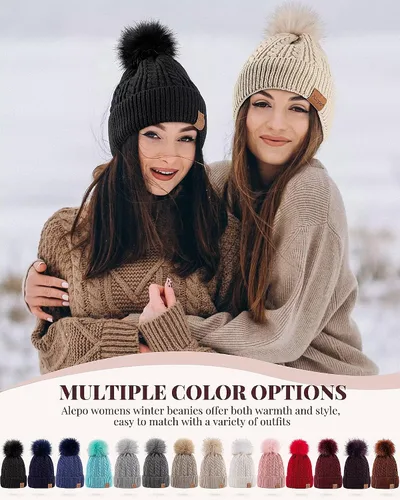 Miniatura 6 de Alepo Womens Winter Beanie Hat, Warm Fleece Lined Knitted Soft Ski Cuff Cap with Pom Pom