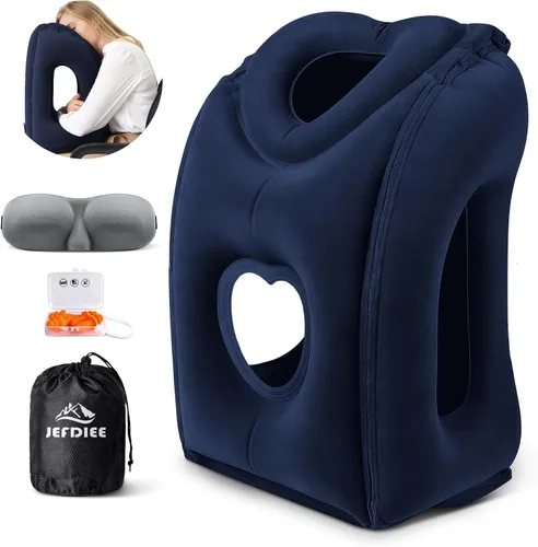 Miniatura 13 de almohada de viaje inflable, almohada para el cuello de avión que apoya cómodamente la cabeza y la barbilla para aviones, trenes, autos, siestas