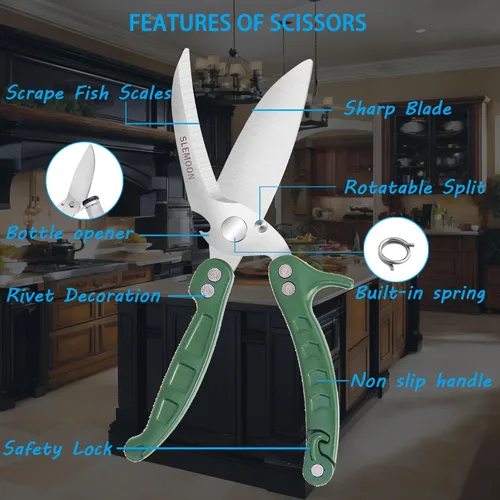Miniatura 5 de Tijeras de cocina resistentes para aves de corral para cortar carne, aptas para lavavajillas e inoxidables, tijeras de cocina para pollo, pavo, Verde