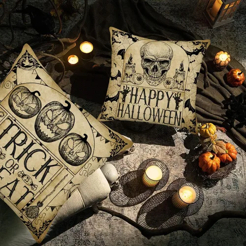 Miniatura 4 de Juego de 4 fundas de almohada de 16 x 16 pulgadas con texto en inglés «Happy Halloween» de Halloween con diseño de calabaza espeluznante y B Vintage