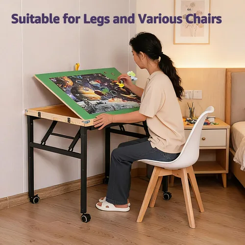 Miniatura 9 de Mesa de rompecabezas con cajones, mesa de rompecabezas ajustable de 3 ángulos sobre ruedas, 1500 piezas, patas de metal plegables y cubierta