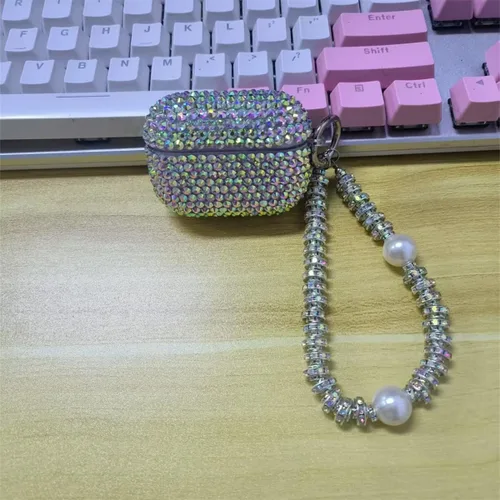 Miniatura 4 de Funda con diseño de diamantes de imitación brillantes con láser para AirPods Pro 2 con pulsera, bonita funda para auriculares con purpurina