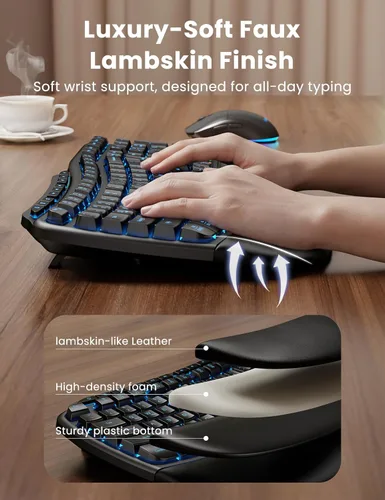 Miniatura 3 de Combo ergonómico de teclado y mouse inalámbricos, teclado retroiluminado recargable de 4000 mAh con un reposamanos suave de piel de cordero