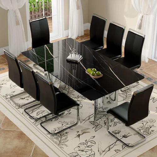 Miniatura 18 de Moderno juego de mesa de comedor para 6, 7 piezas, mesa rectangular de mármol sintético de 71 pulgadas con base de acero inoxidable plateado