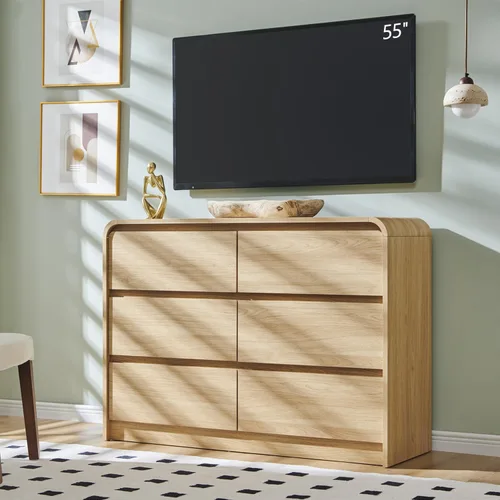 Miniatura 18 de Aitjunz Cómoda moderna de 5 cajones para dormitorio, 114 cm de altura con diseño de perfil curvo, cómoda vertical de madera estilo mediados de siglo