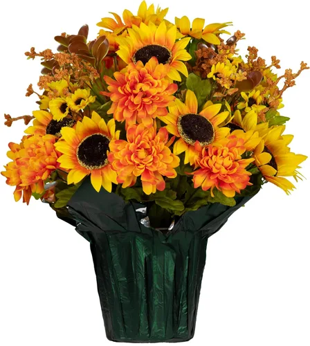 Sympathy Silks Flores artificiales de otoño, decoración de tumbas, decoración del hogar, flores de maceta, girasoles amarillos y madres ámbar, ramo