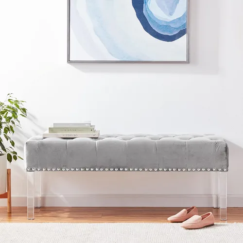 Miniatura 2 de Roundhill Furniture Valley - Banco tapizado de terciopelo con botones y patas acrílicas, color gris