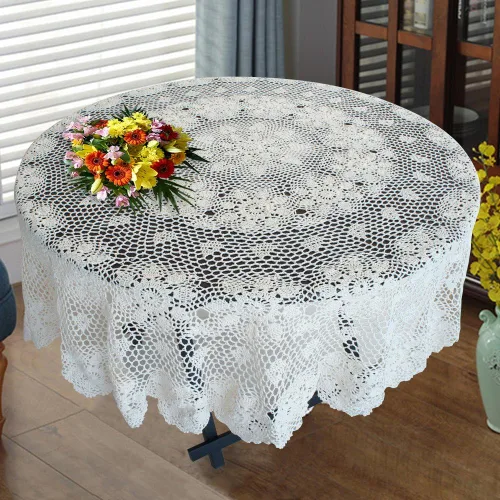 Miniatura 11 de USTIDE Mantel redondo de ganchillo de 70 pulgadas, superposiciones de mesa de encaje de algodón beige hecho a mano con diseño floral de ganchillo