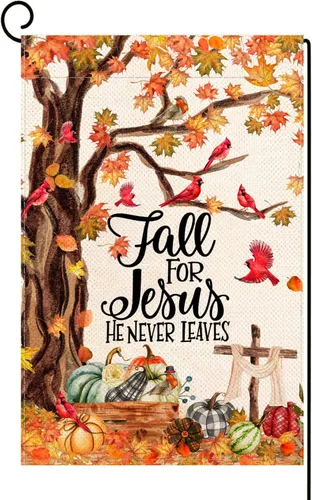 Miniatura 12 de Baccessor Bandera de otoño de 28 x 40 pulgadas, árbol cardenal de otoño para Jesús que nunca deja bandera vertical de doble cara, calabaza cosecha