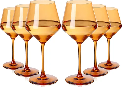 Juego de 6 copas de vino ámbar de tallo largo de 17.5 onzas, copas de vino de cristal hechas a mano, copas coloridas sopladas elegantes, regalo para