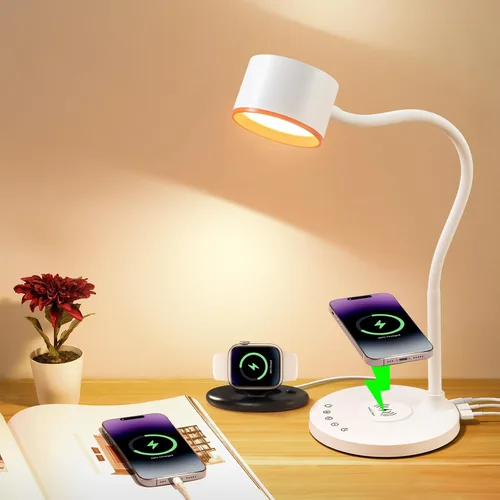 Lámparas LED de escritorio para oficina en casa, lámpara de escritorio con USB C + A puertos de carga duales, cargador inalámbrico, 5 colores de