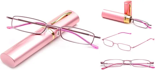 Miniatura 3 de Lentes de lectura de tubo de bolsillo, ultra delgados, compactos, unisex, ligeros, con clip de bolsillo portátil, estuche de aluminio, color rosa