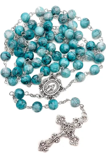 Miniatura 3 de Nazareth Store Rosario de cristal cristalizado turquesa con cuentas de rosario católico con medalla milagrosa y cruz de acero inoxidable Vidrio No