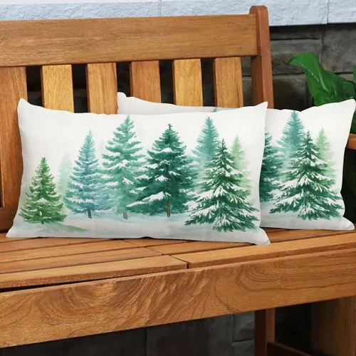 Miniatura 4 de EKOBLA Funda de almohada decorativa con pintura de acuarela, fundas de almohada de coníferas, bosque, invierno, nieve, paisaje, cintura verde