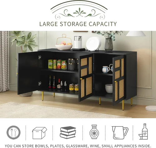 Miniatura 6 de KLMM Armario de almacenamiento moderno con puerta de ratán y estantes ajustables, soporte de TV para televisores de hasta 55 pulgadas, mesa consola